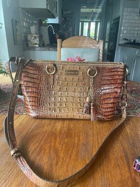 Brahmin Ombre Brown Croc-Embossed Leather Shoulder Bag with Tassel Charm